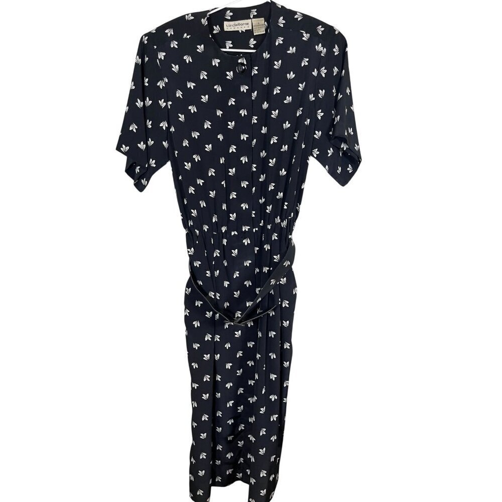Liz Claiborne Floral Midi Dress 6 Black Retro Classic Chic Resort Neutral 80s